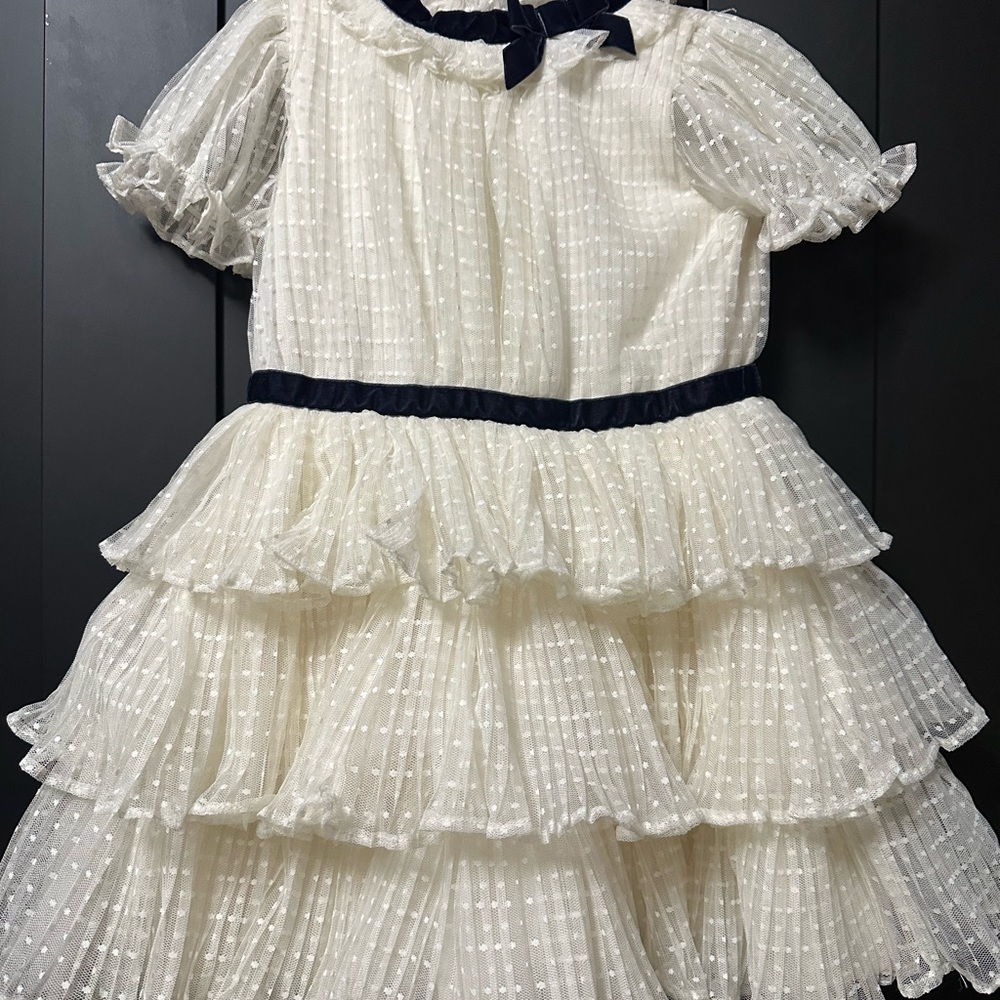 Janie and Jack Charming White Ruffled Dress with Navy Accents. Size 5